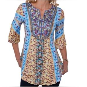 Soft Surroundings Fifi Top Multicolor Embroidery Floral Tunic 3/4 Bell Sleeve 2X